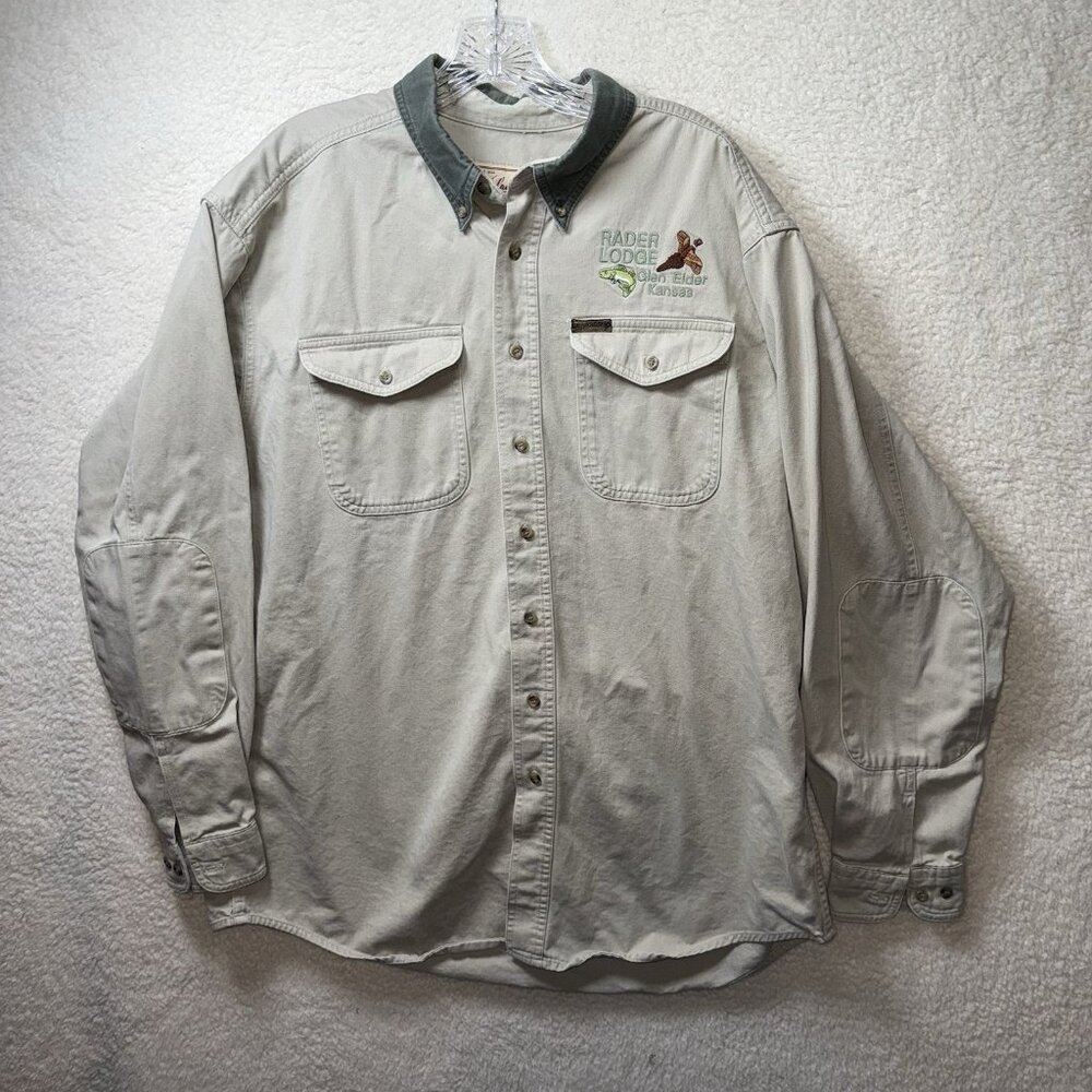 Vintage Woolrich Shirt Men XL Tall Beige Button Twill Outdoor Hiking Rader Lodge